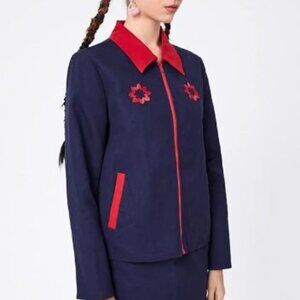 Women's Jacket Floral Embroidery Contrast Collar Zip Up Lightweight L. NWOT